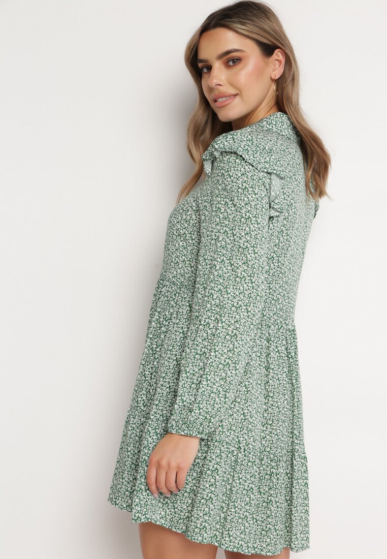 r&f fashion Rochie Evazată Mini Verde Florală cu Volănașe pe Umeri Lorean