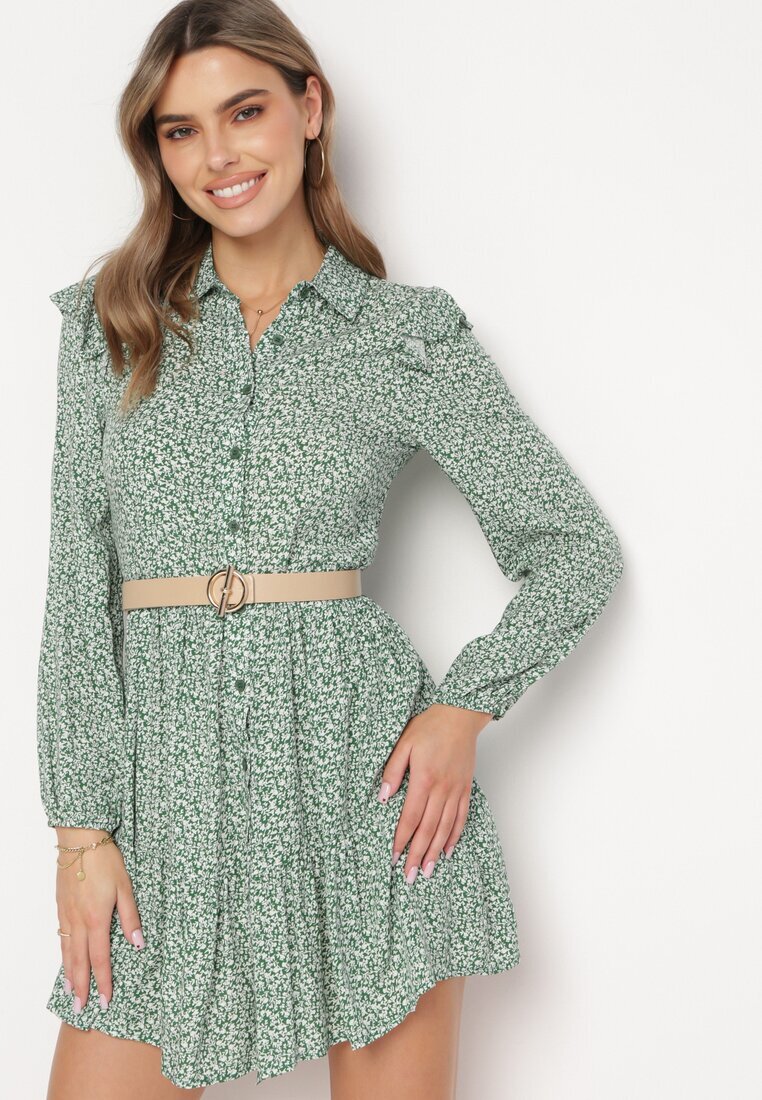 r&f fashion Rochie Evazată Mini Verde Florală cu Volănașe pe Umeri Lorean