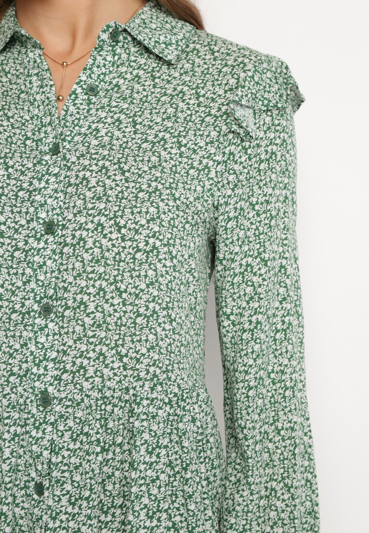 r&f fashion Rochie Evazată Mini Verde Florală cu Volănașe pe Umeri Lorean