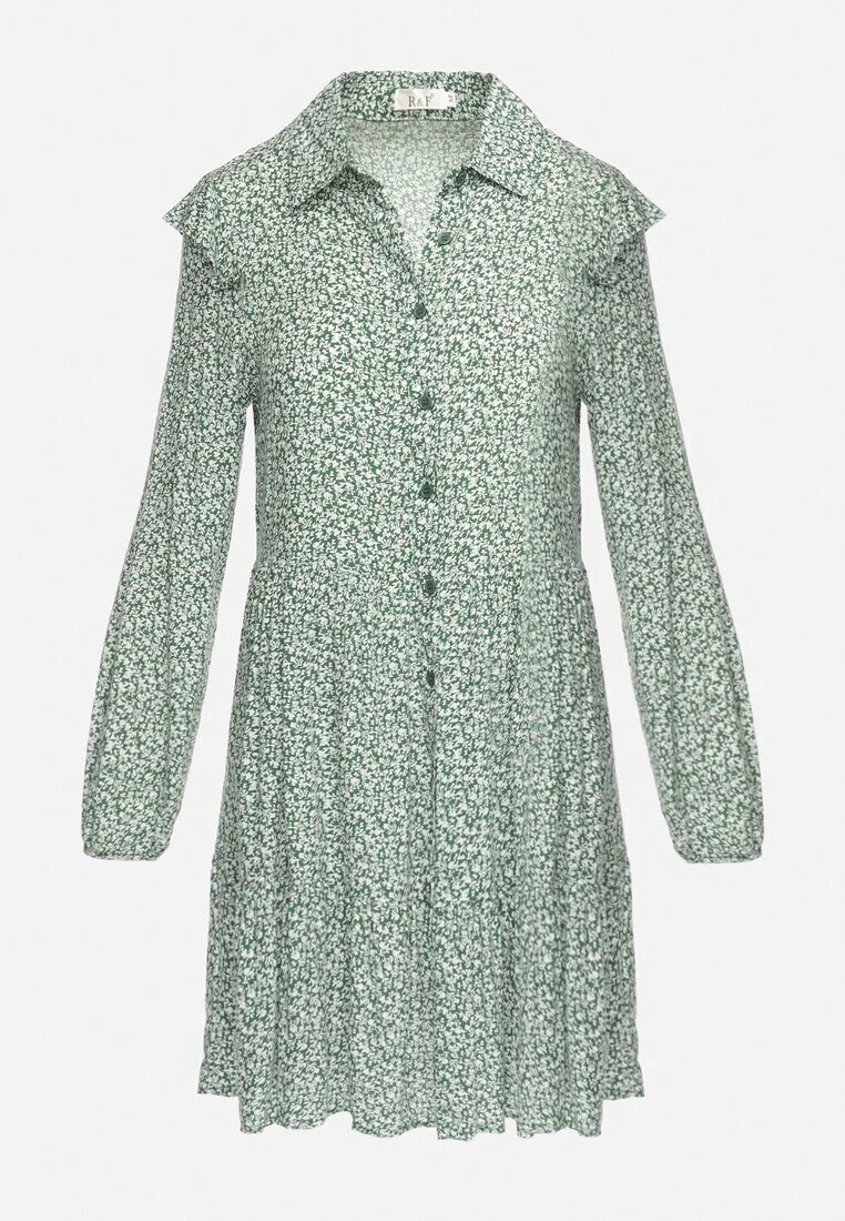 r&f fashion Rochie Evazată Mini Verde Florală cu Volănașe pe Umeri Lorean
