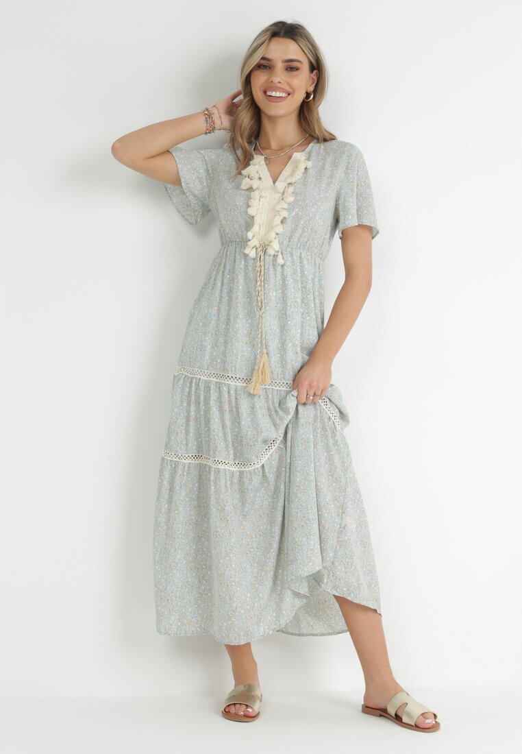 r&f fashion Rochie Maxi Albastru deschis cu Elastic în talie și Ciucuri cu flori Patriske