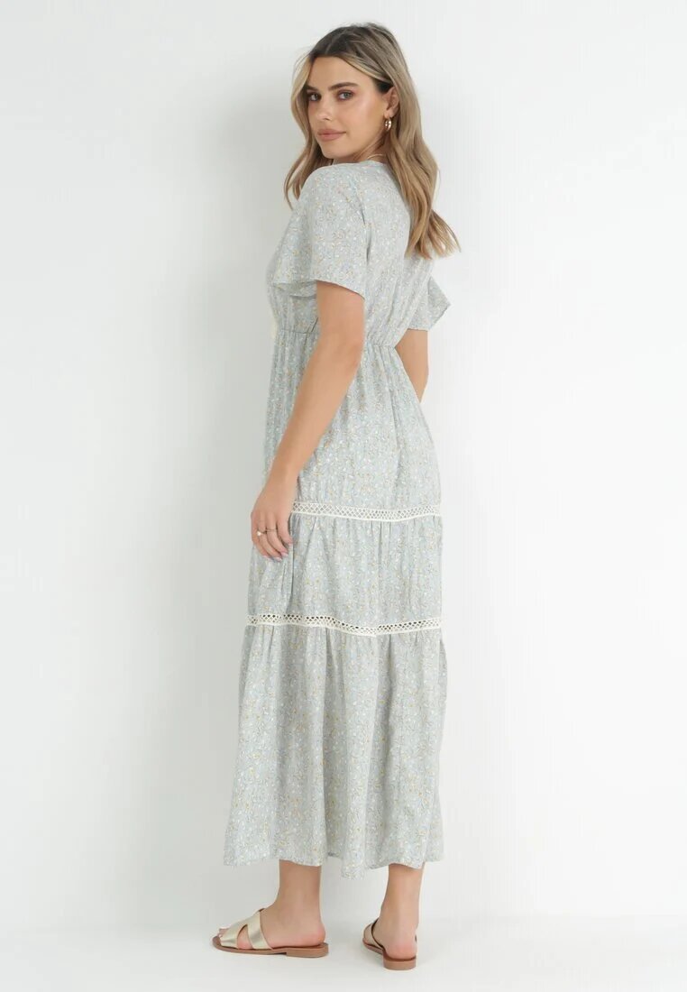 r&f fashion Rochie Maxi Albastru deschis cu Elastic în talie și Ciucuri cu flori Patriske