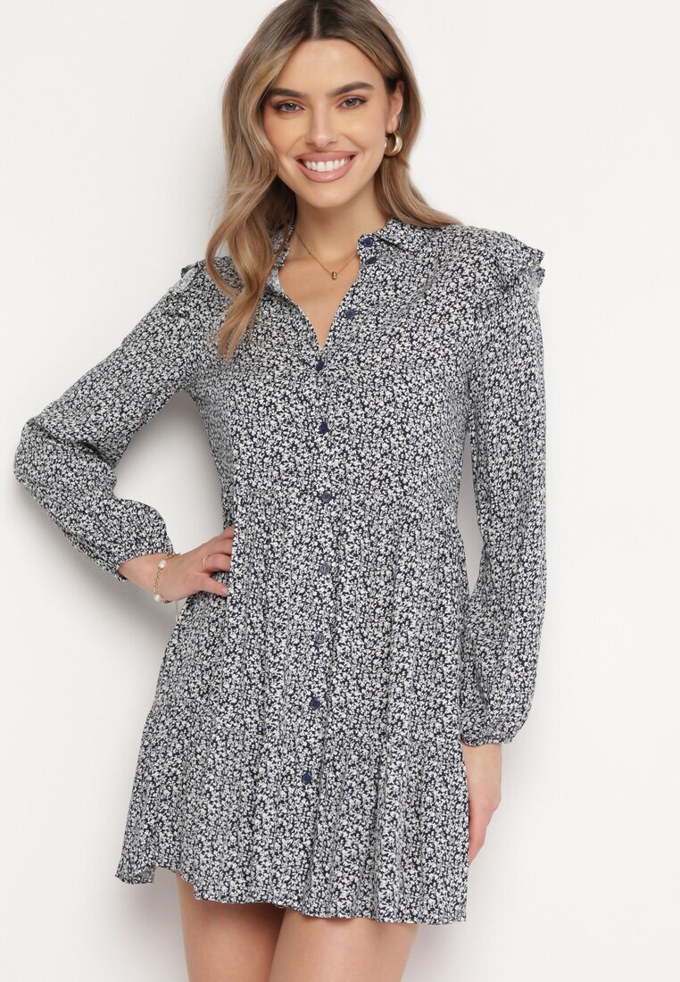 r&f fashion Rochie Mini Albastru Marin Evazată Florală cu Volane pe Umeri Lorean
