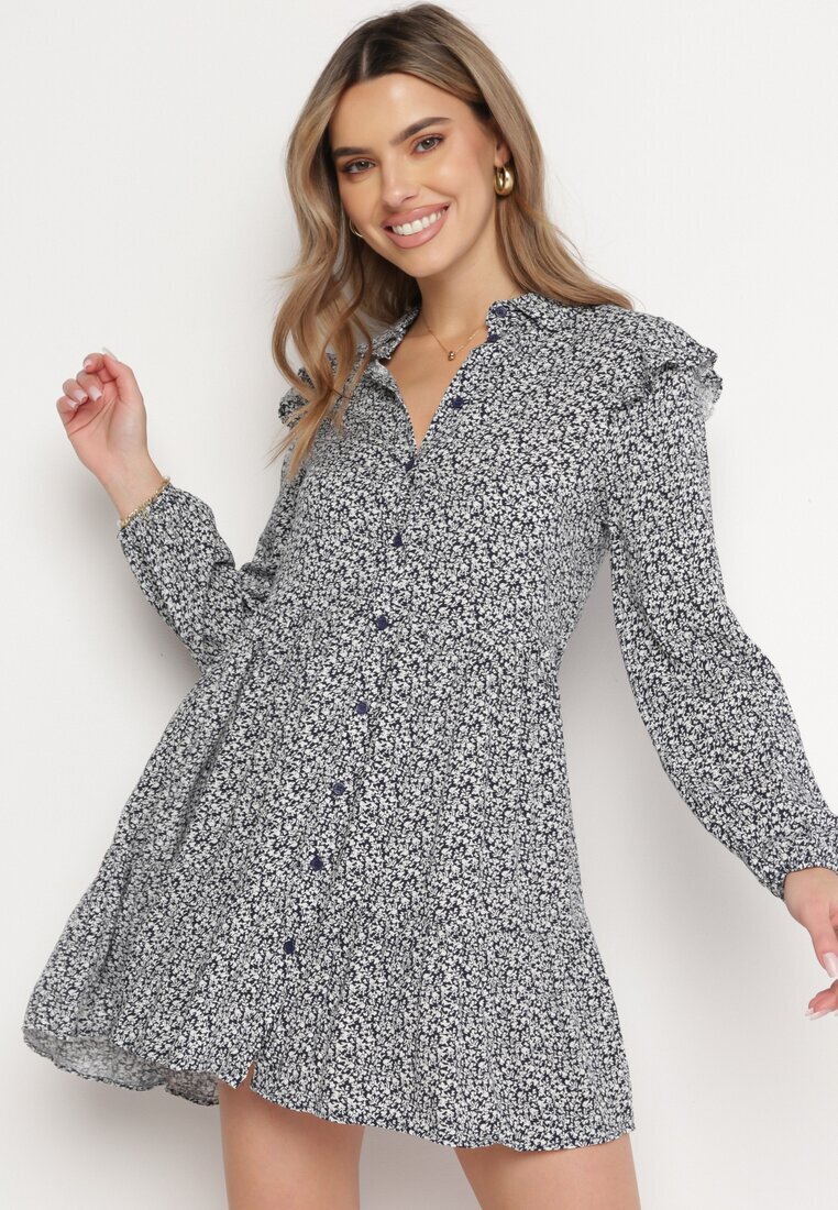 r&f fashion Rochie Mini Albastru Marin Evazată Florală cu Volane pe Umeri Lorean