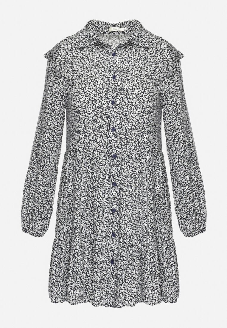 r&f fashion Rochie Mini Albastru Marin Evazată Florală cu Volane pe Umeri Lorean