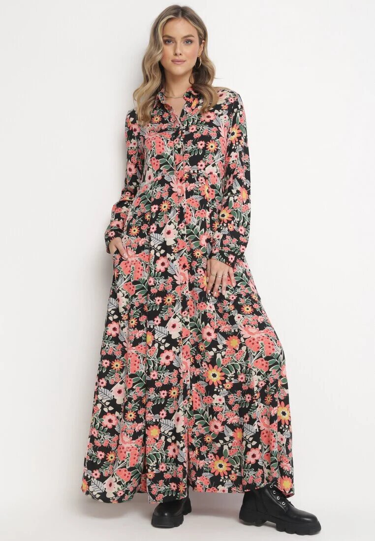 r&f fashion Rochie Negru-Roșie Evazată Maxi Tip cămașă Cu flori Moonsee