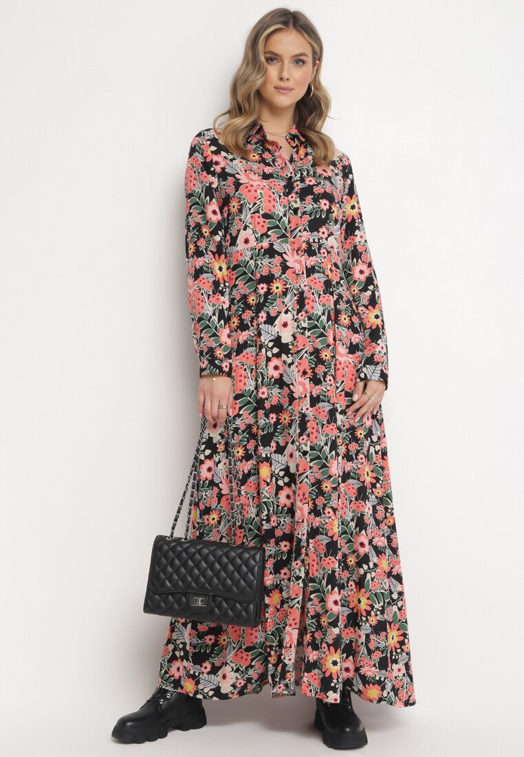 r&f fashion Rochie Negru-Roșie Evazată Maxi Tip cămașă Cu flori Moonsee
