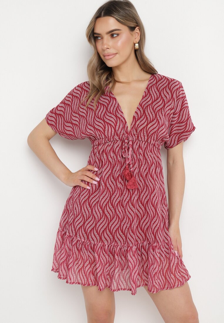 r&f fashion Rochie roșie Mini cu croi liliac cu decolteu în V cu șnururi Ainella