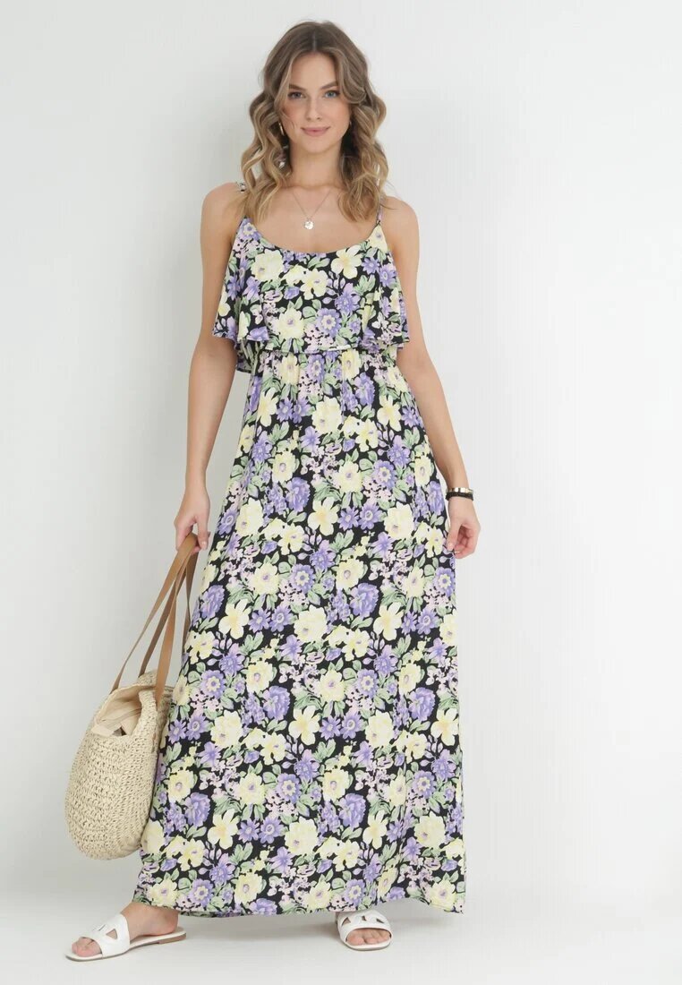 r&f fashion Rochie Violet-Galbenă Din Bumbac Cu Flori Cu Volan Janellie