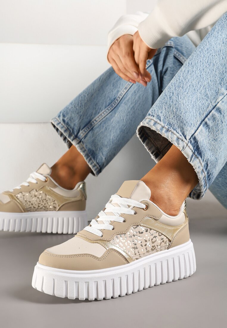 renda Adidași Bej pe talpă groasă în relief cu perforații și imprimeu leopard Odivila