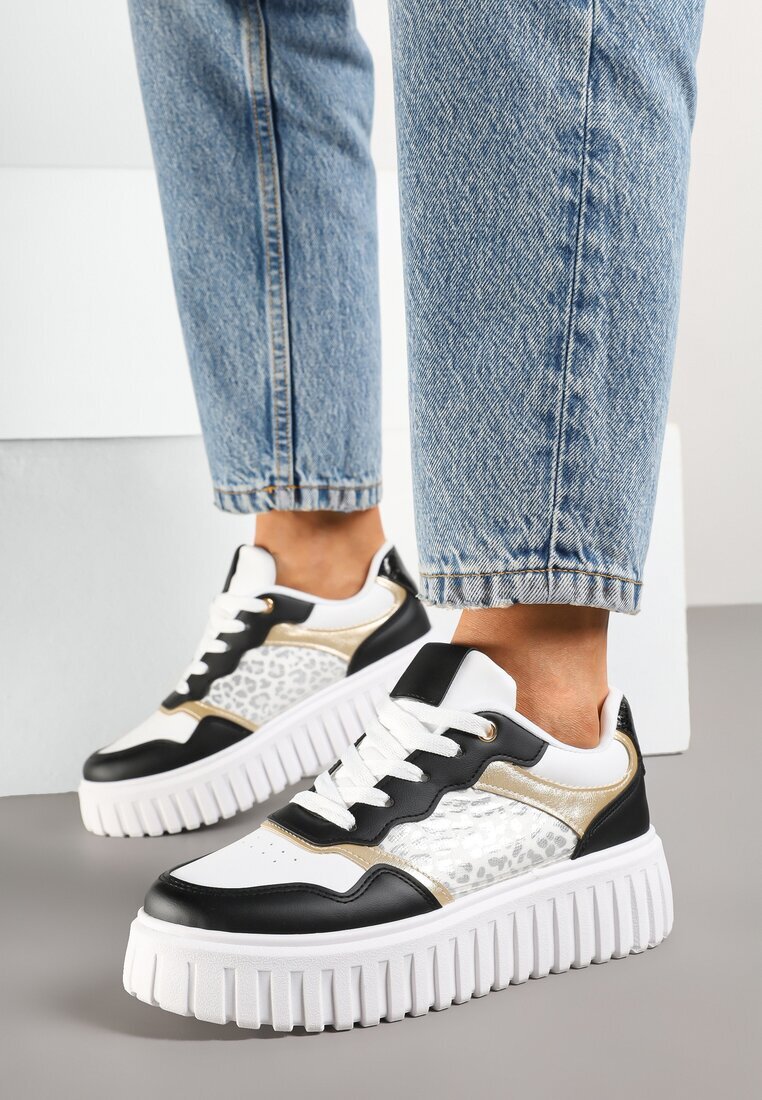 renda Sneakers Alb-Negru pe Talpă Groasă Embosată cu Perforație și Panteră Odivila