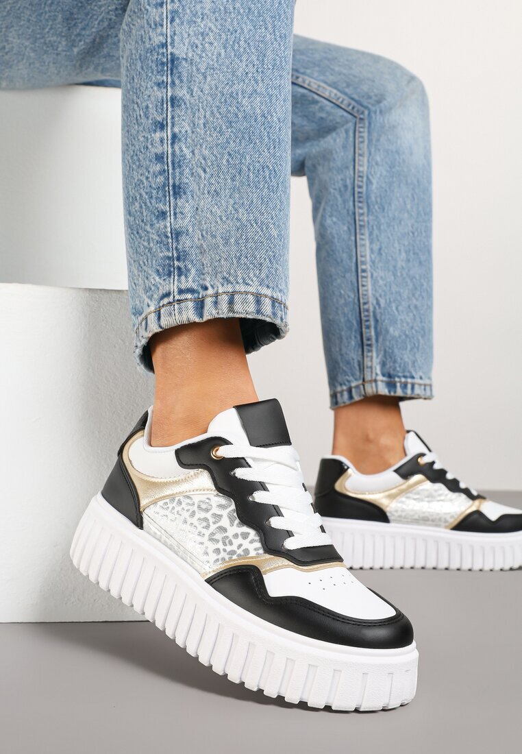 renda Sneakers Alb-Negru pe Talpă Groasă Embosată cu Perforație și Panteră Odivila