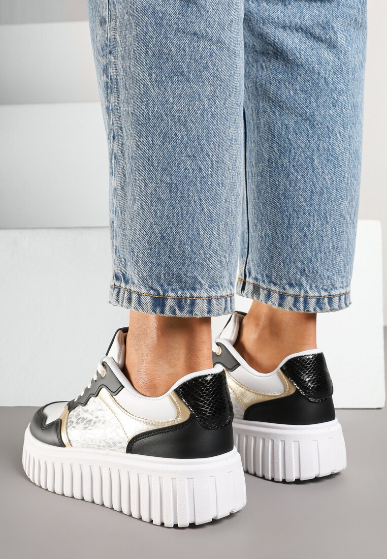 renda Sneakers Alb-Negru pe Talpă Groasă Embosată cu Perforație și Panteră Odivila