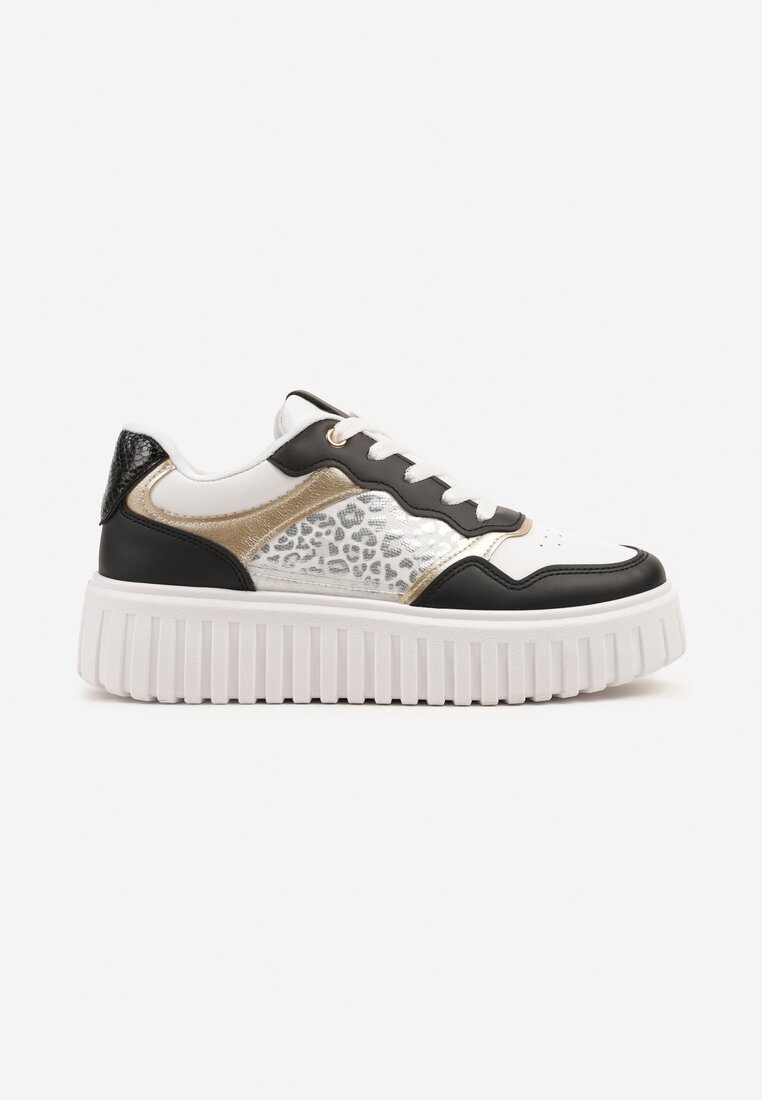 renda Sneakers Alb-Negru pe Talpă Groasă Embosată cu Perforație și Panteră Odivila