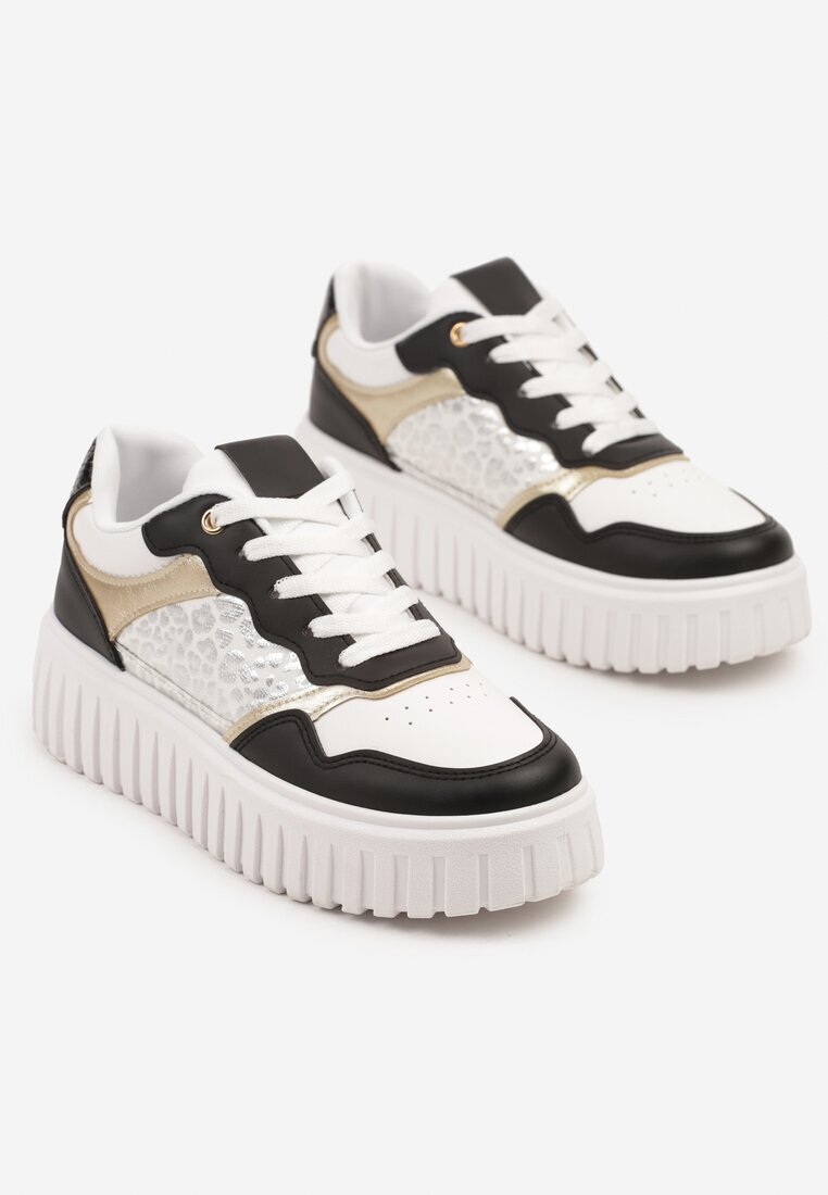 renda Sneakers Alb-Negru pe Talpă Groasă Embosată cu Perforație și Panteră Odivila