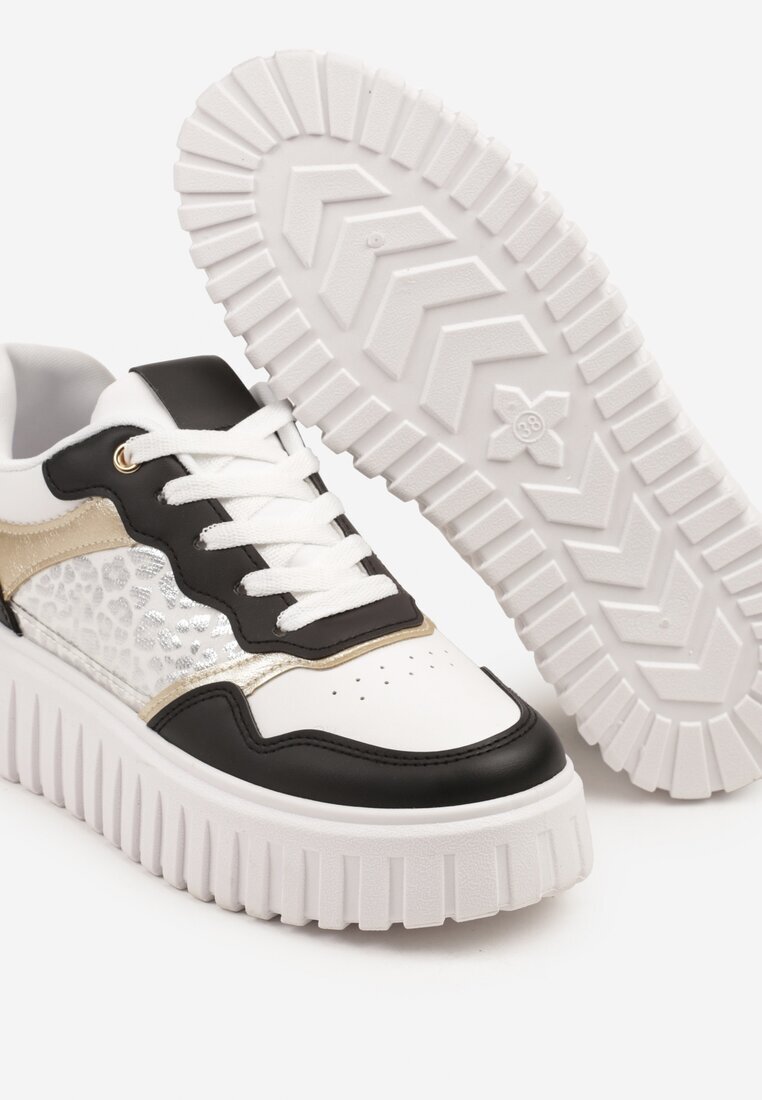 renda Sneakers Alb-Negru pe Talpă Groasă Embosată cu Perforație și Panteră Odivila