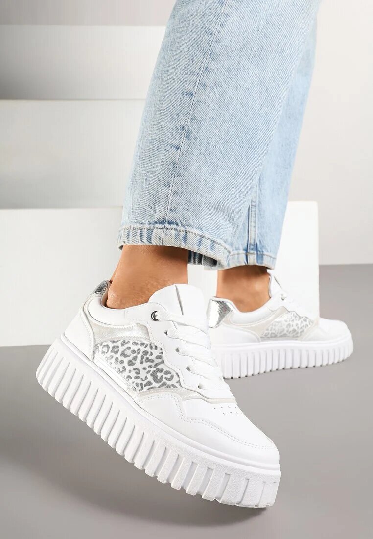 renda Sneakers Albe pe talpă groasă în relief cu perforații și imprimeu leopard Odivila