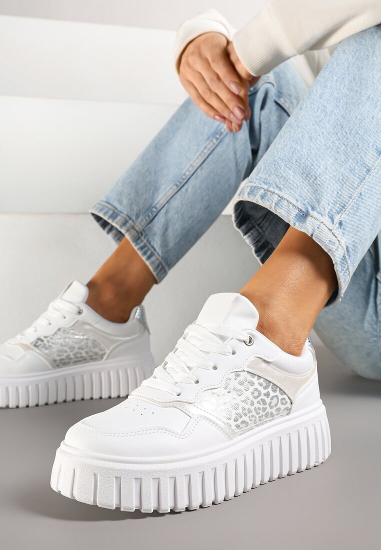 renda Sneakers Albe pe talpă groasă în relief cu perforații și imprimeu leopard Odivila