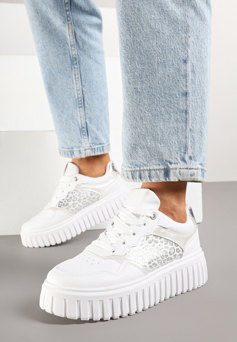 renda Sneakers Albe pe talpă groasă în relief cu perforații și imprimeu leopard Odivila