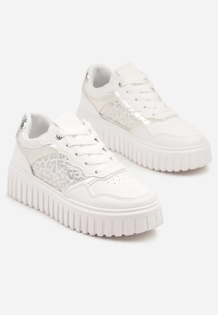 renda Sneakers Albe pe talpă groasă în relief cu perforații și imprimeu leopard Odivila