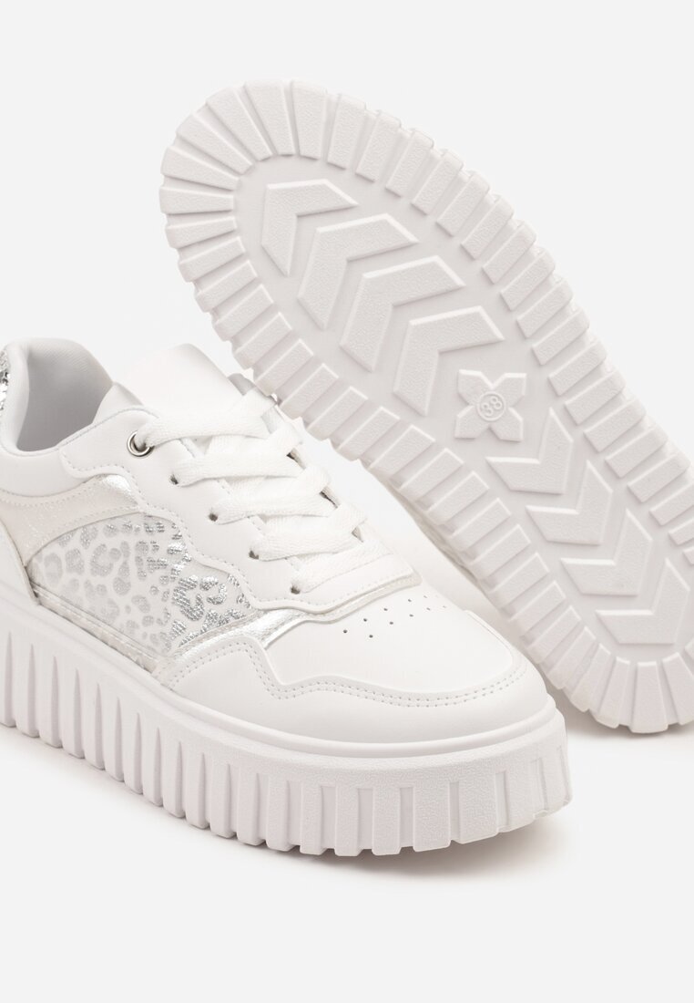 renda Sneakers Albe pe talpă groasă în relief cu perforații și imprimeu leopard Odivila