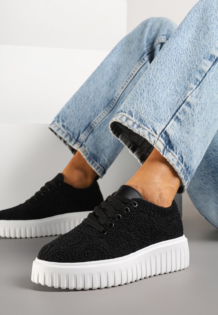 renda Sneakersy Negri cu Talpă Groasă și Față Perforată Ellisene