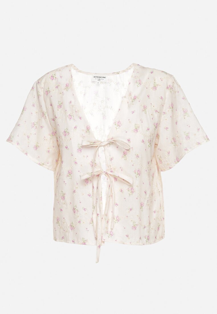 retro & icone Bluză bej deschis tip cardigan legată cu șnururi în față Maiana