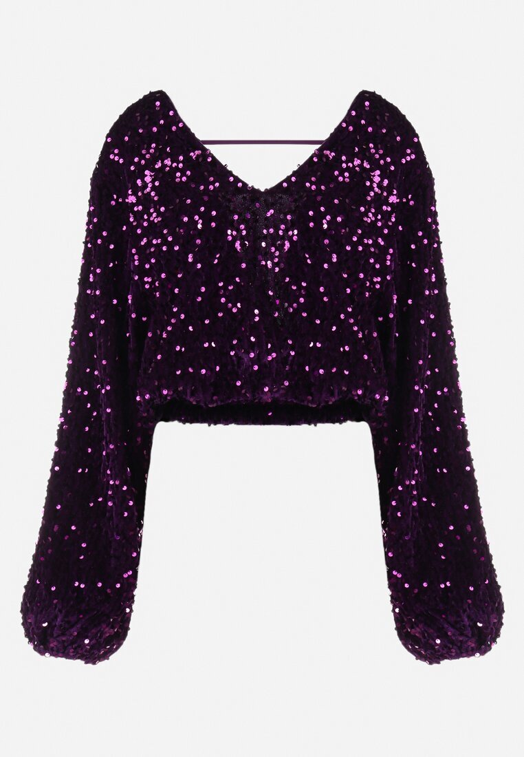 retro & icone Bluză Violet finisată cu elastic la bază cu paiete și decolteu triunghiular Preozja