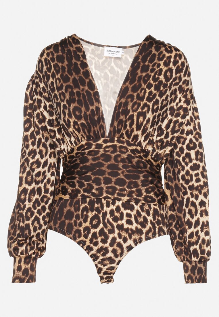 retro & icone Body Maro Drapat Leopard cu Decolteu în V și Mâneci Dorige