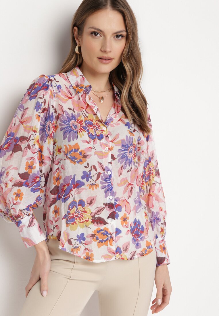 retro & icone Cămașă Alb-Roz cu Imprimeu Floral cu Croială Clasică Lumelia
