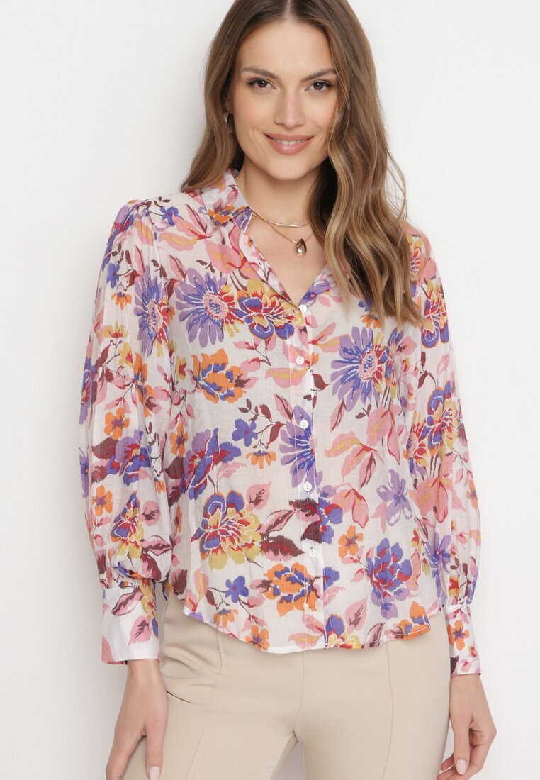 retro & icone Cămașă Alb-Roz cu Imprimeu Floral cu Croială Clasică Lumelia
