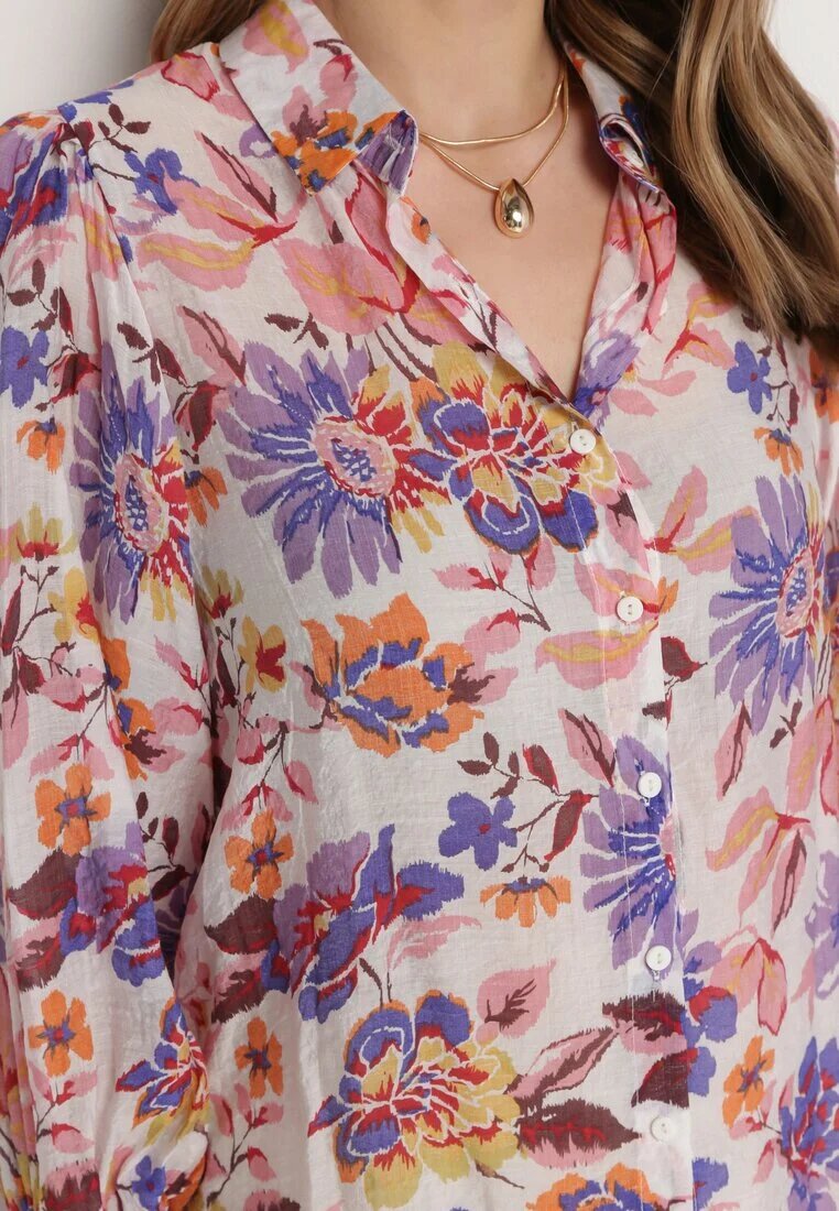 retro & icone Cămașă Alb-Roz cu Imprimeu Floral cu Croială Clasică Lumelia