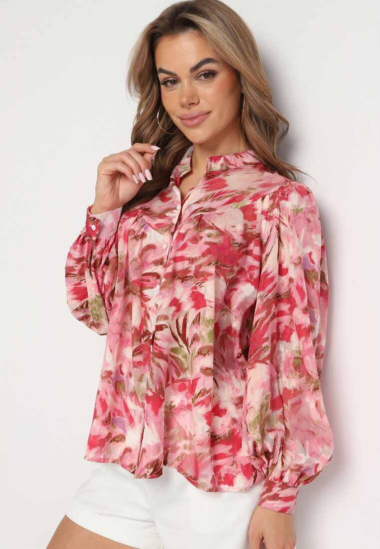 retro & icone Cămașă Roșu-Roz cu Model Floral cu Mâneci Lejere Nallestia