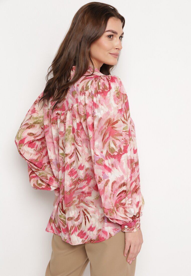 retro & icone Cămașă Roșu-Roz cu Model Floral cu Mâneci Lejere Nallestia