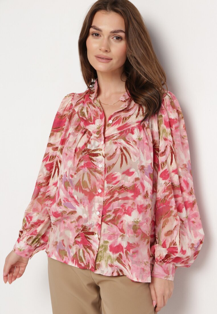 retro & icone Cămașă Roșu-Roz cu Model Floral cu Mâneci Lejere Nallestia
