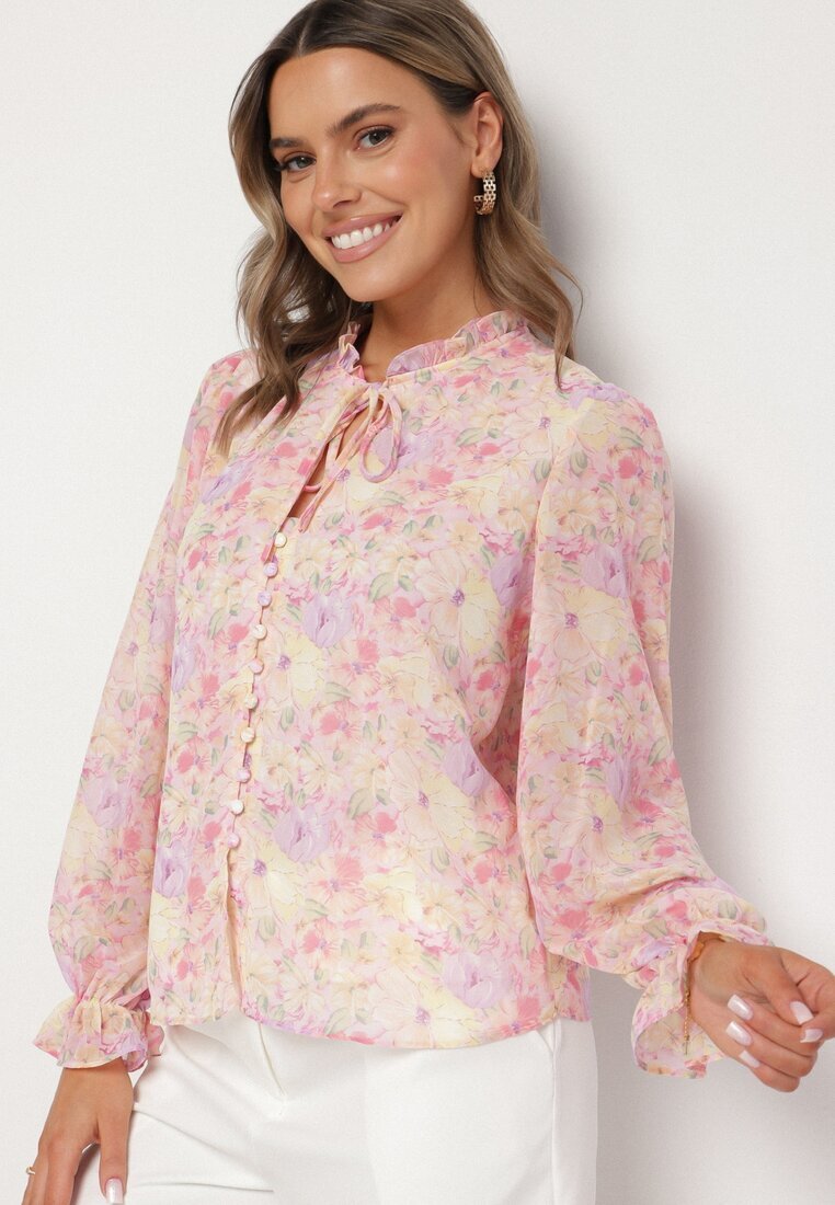 retro & icone Cămașă roz cu model floral delicat și cu legătură la decolteu Viralla