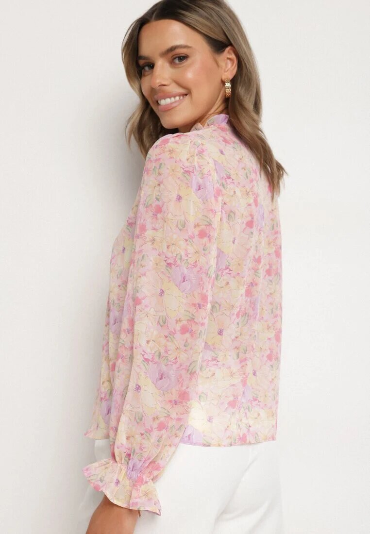 retro & icone Cămașă roz cu model floral delicat și cu legătură la decolteu Viralla