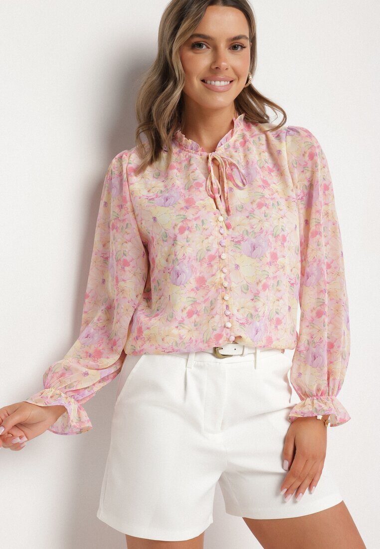 retro & icone Cămașă roz cu model floral delicat și cu legătură la decolteu Viralla