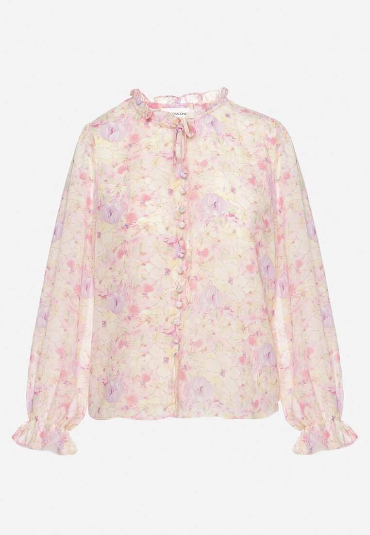 retro & icone Cămașă roz cu model floral delicat și cu legătură la decolteu Viralla