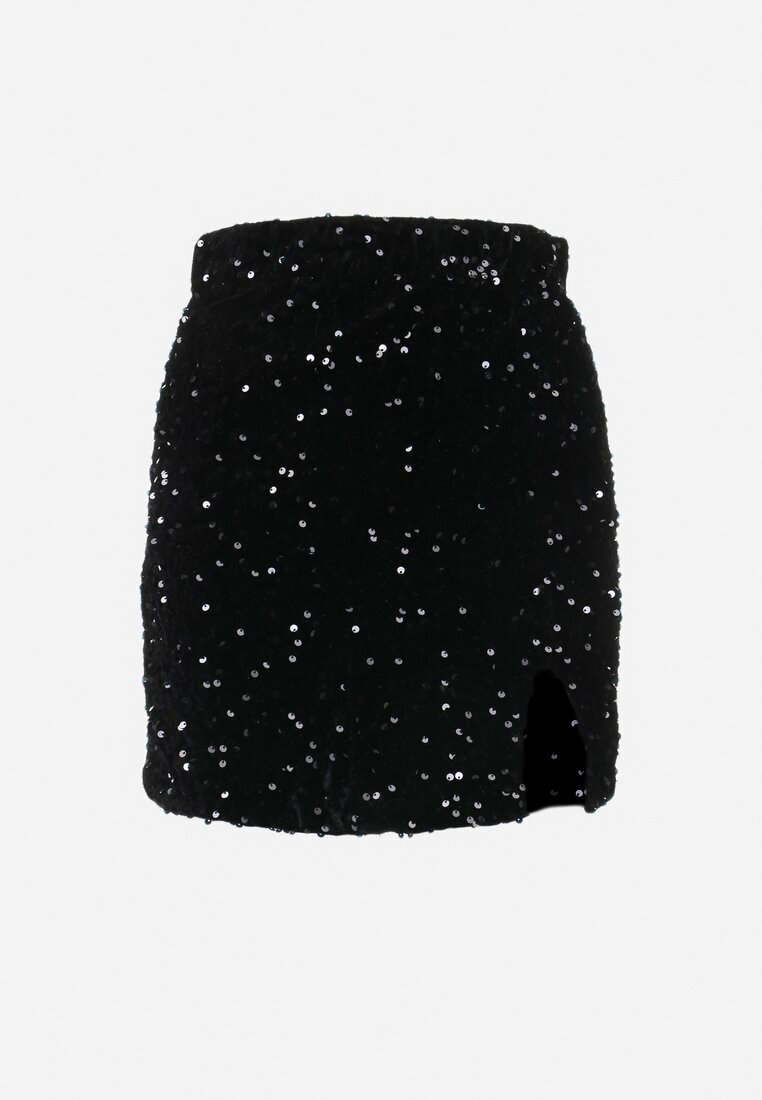 retro & icone Fustă Mini Cu Paiete Negră cu Decupaj și Talie Elastică Guha