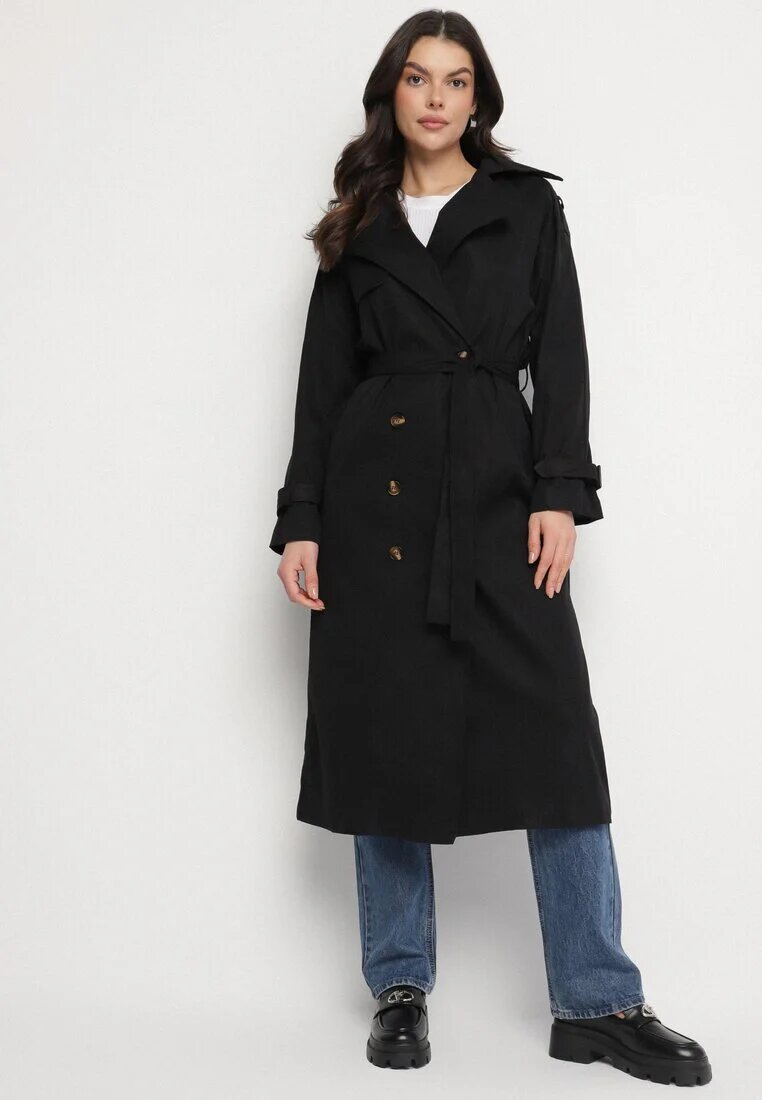 retro & icone Lung Palton Trench Negru Dublu cu curea în talie Cadenite