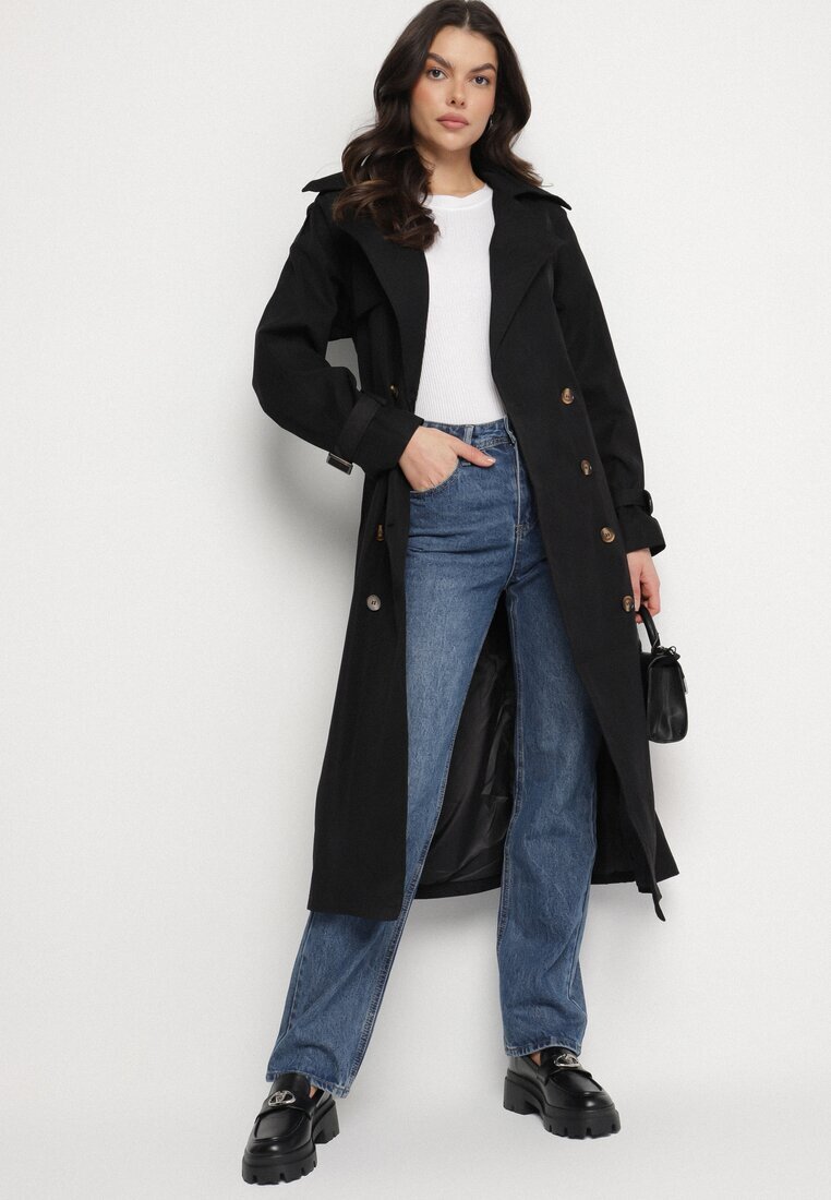 retro & icone Lung Palton Trench Negru Dublu cu curea în talie Cadenite