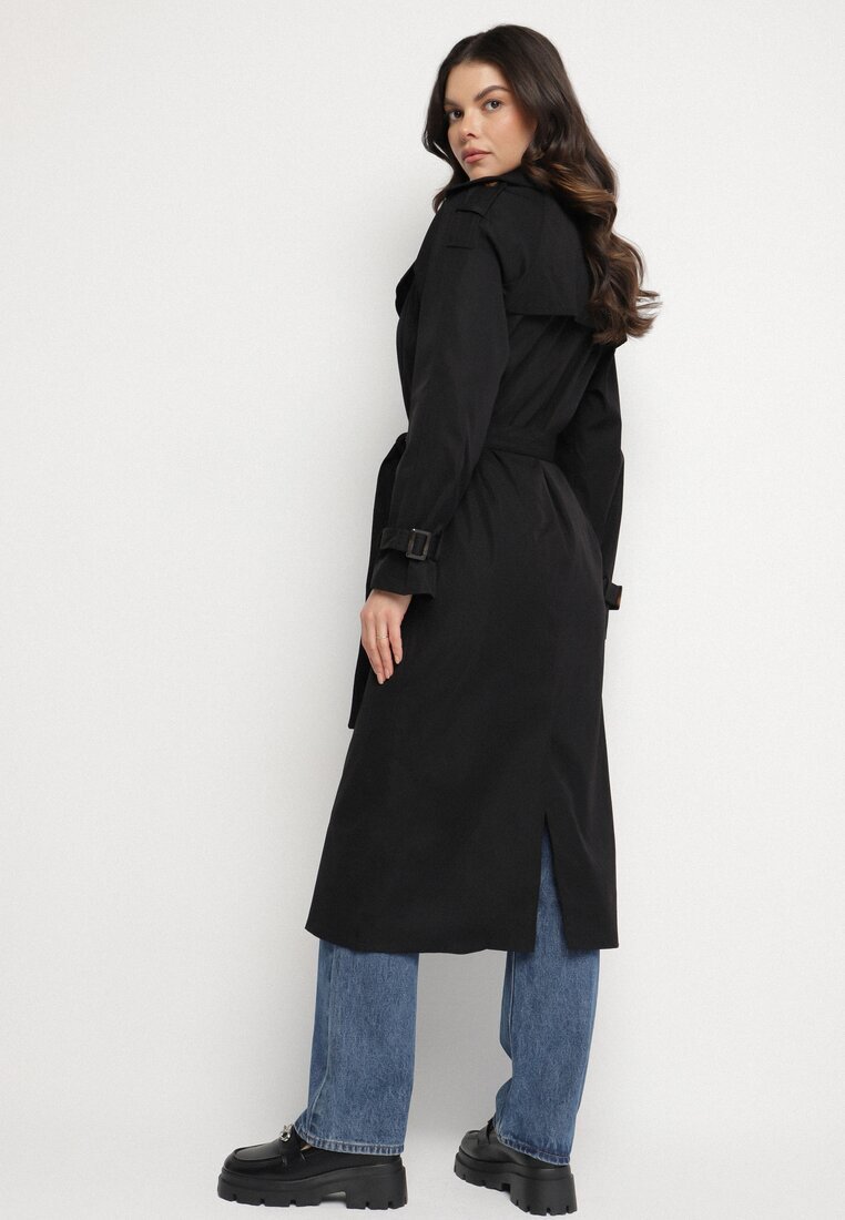 retro & icone Lung Palton Trench Negru Dublu cu curea în talie Cadenite