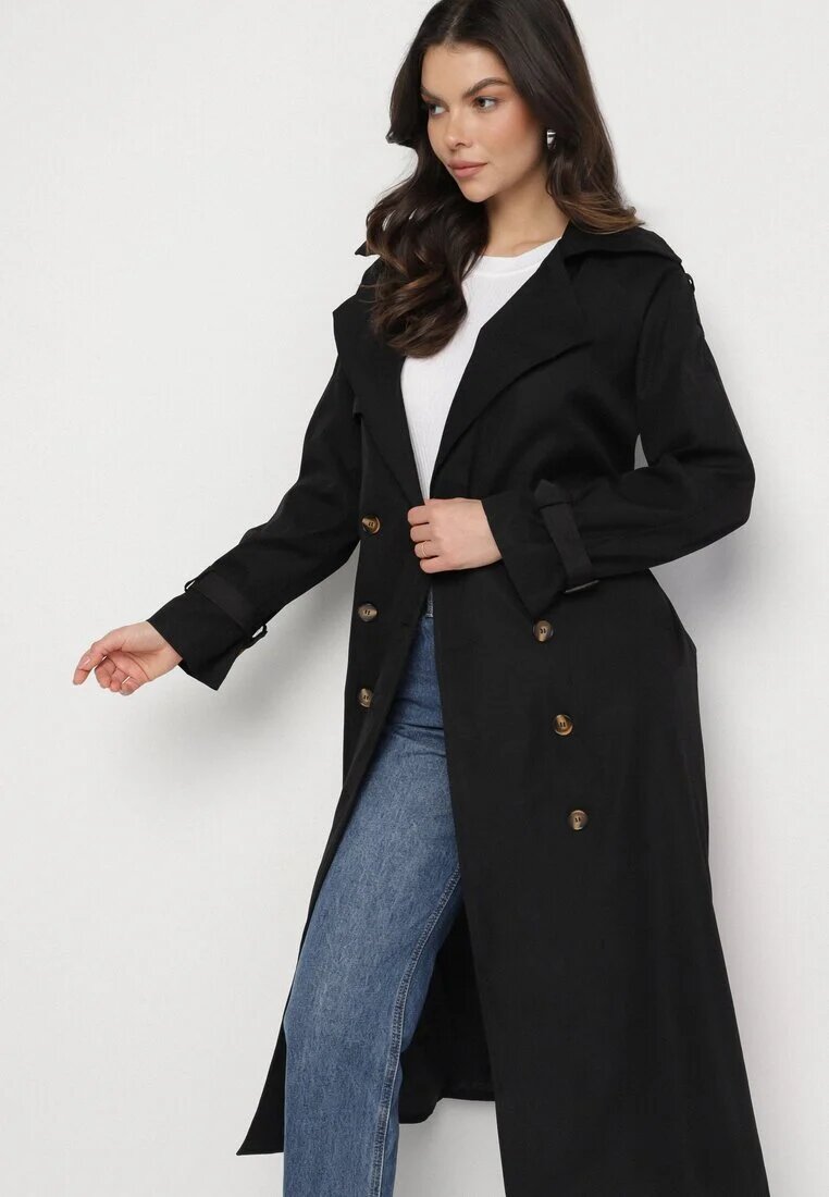 retro & icone Lung Palton Trench Negru Dublu cu curea în talie Cadenite