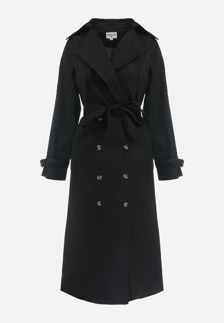 retro & icone Lung Palton Trench Negru Dublu cu curea în talie Cadenite