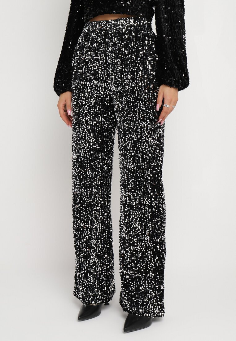 retro & icone Pantaloni argintii largi velurați cu paiete Mokkia