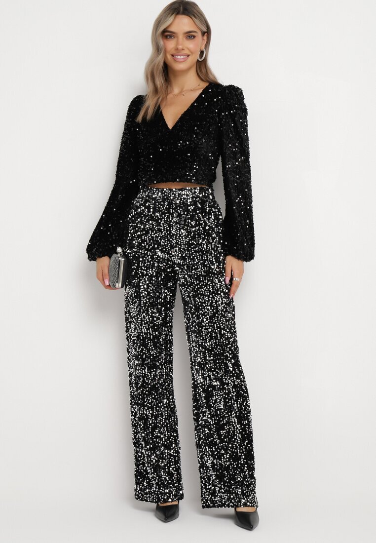 retro & icone Pantaloni argintii largi velurați cu paiete Mokkia