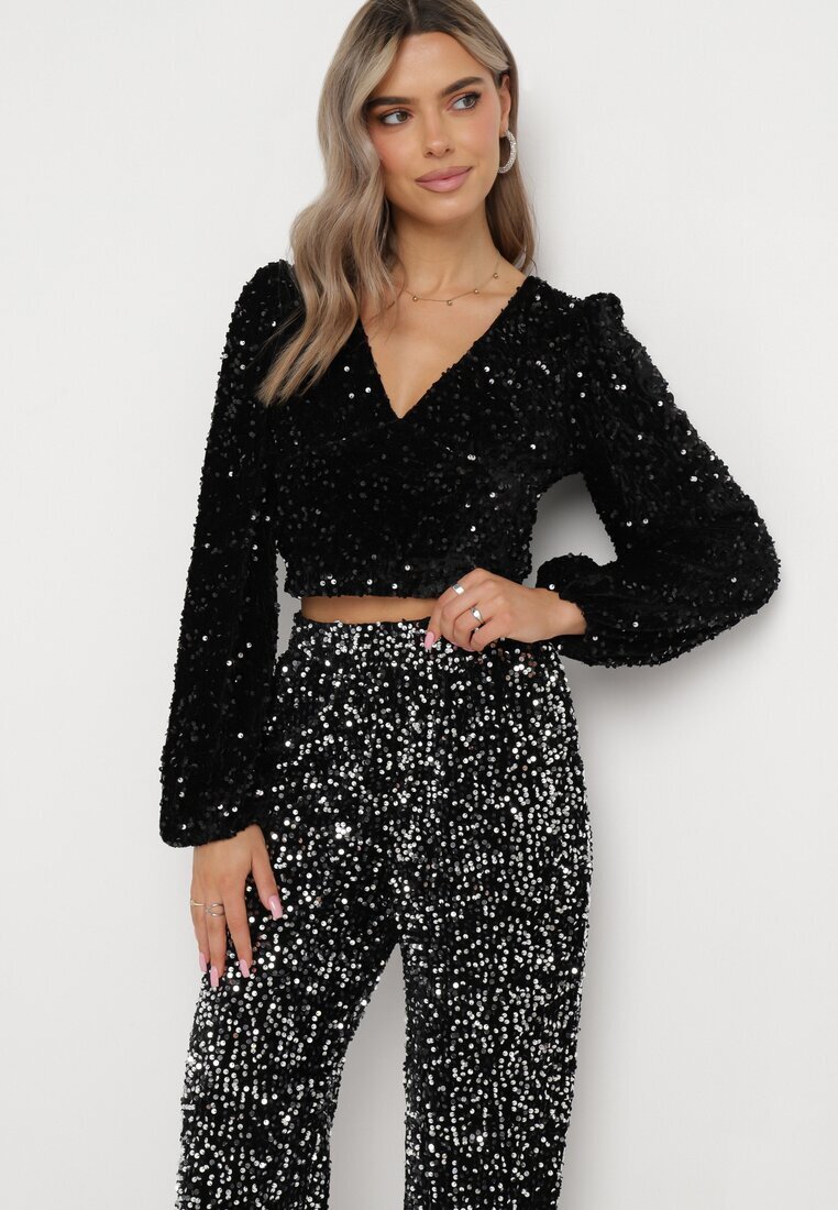 retro & icone Pantaloni argintii largi velurați cu paiete Mokkia