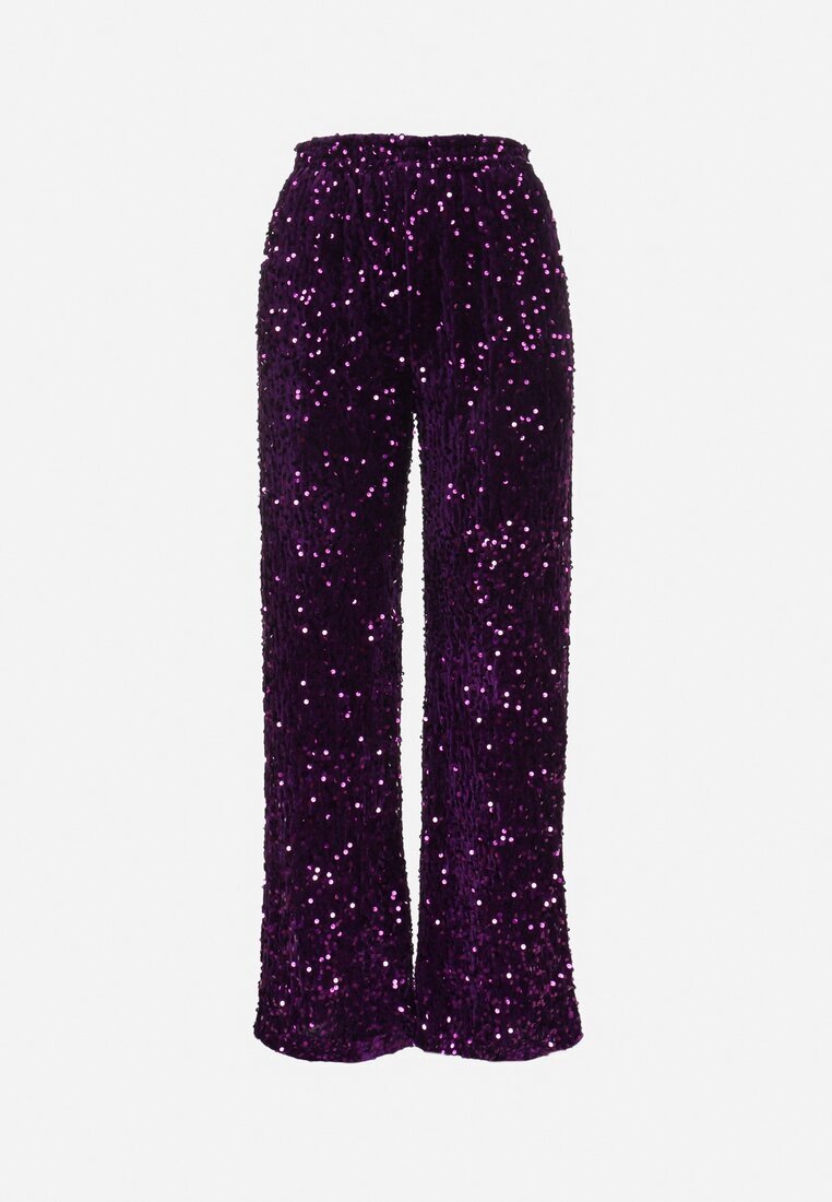 retro & icone Pantaloni Mov Largi Din Velur Cu Paiete Mokkia