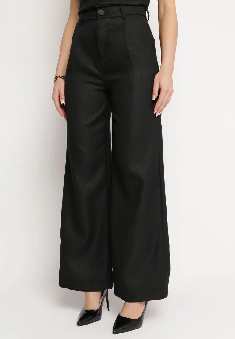 retro & icone Pantaloni Negri cu Talie Înaltă și Picioare Largi Decorați cu Fir Metalic Calondra